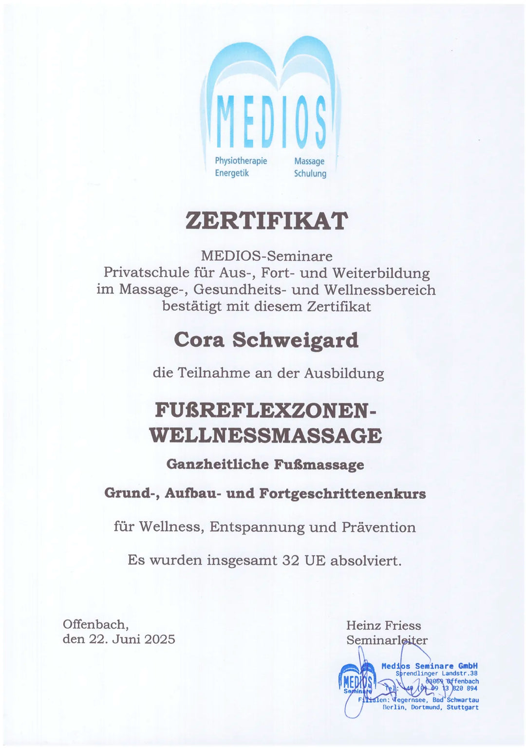 Zertifikat Fußrefelxzonenmassage