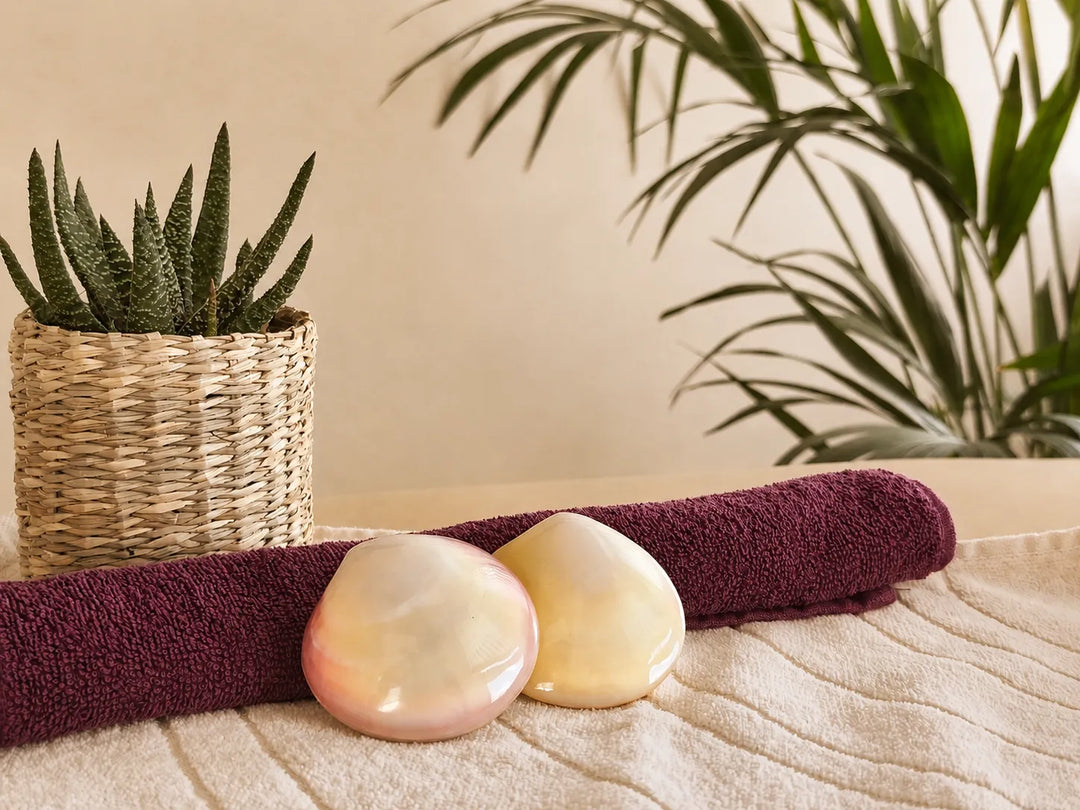 Karibikmuscheln und Handtuch in warmer Aromatherapie-Atmosphäre bei Olvenia.