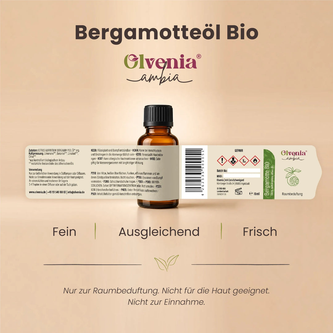 Produktkarte für Olvenia Ambia Bergamotteöl Bio mit Etikett, Flasche und Duftprofil fein, ausgleichend und frisch