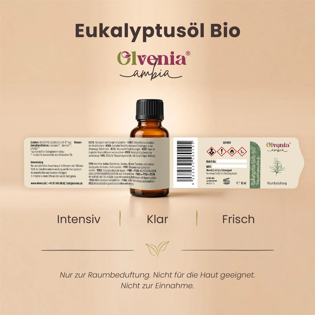Produktkarte für Olvenia Ambia Eukalyptusöl Bio mit Etikett, Flasche und Duftprofil intensiv, klar und frisch 