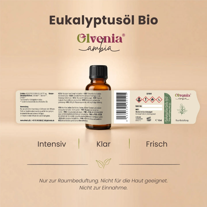 Produktkarte für Olvenia Ambia Eukalyptusöl Bio mit Etikett, Flasche und Duftprofil intensiv, klar und frisch 