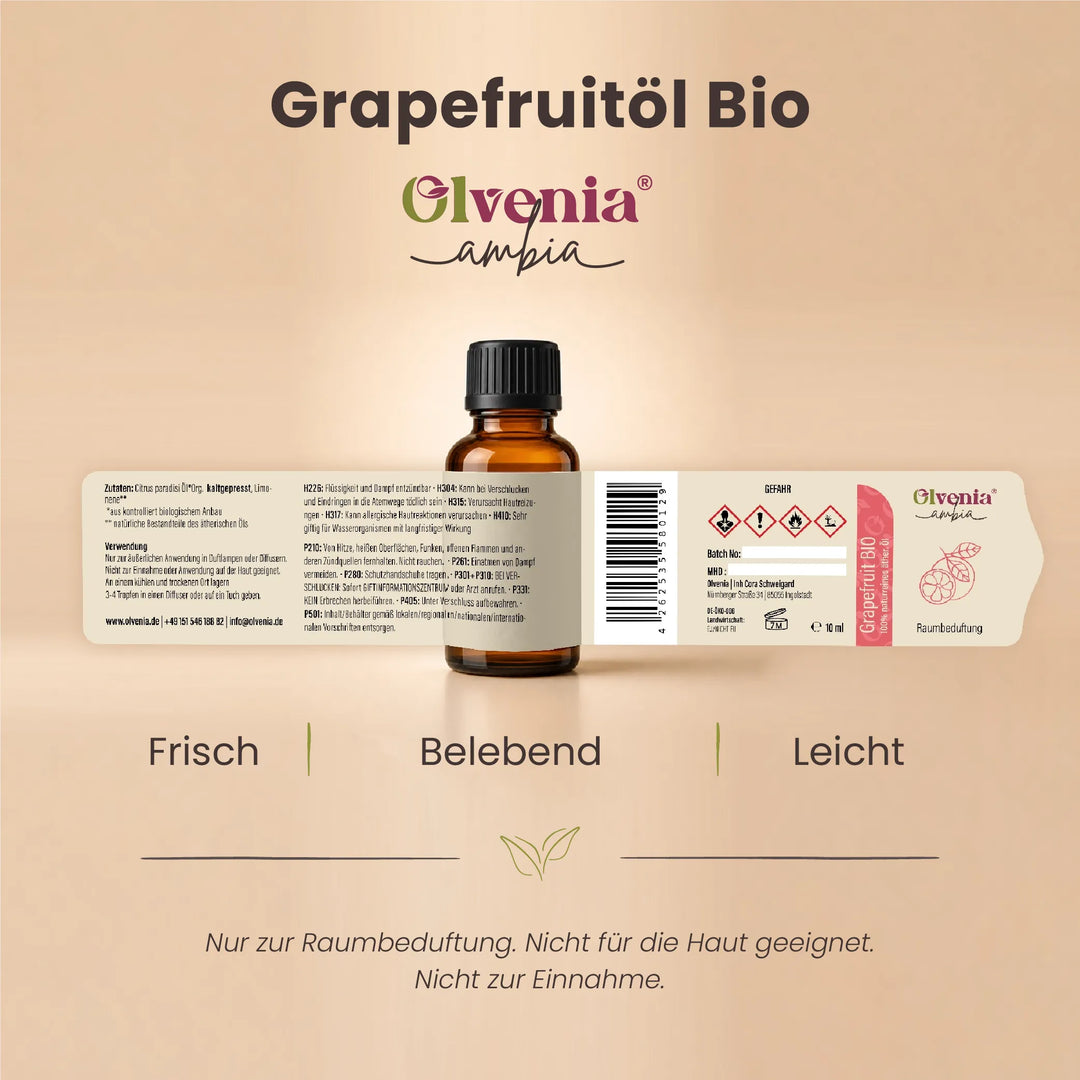 Produktkarte für Olvenia Ambia Grapefruitöl Bio mit Etikett, Flasche und Duftprofil frisch, belebend und leicht