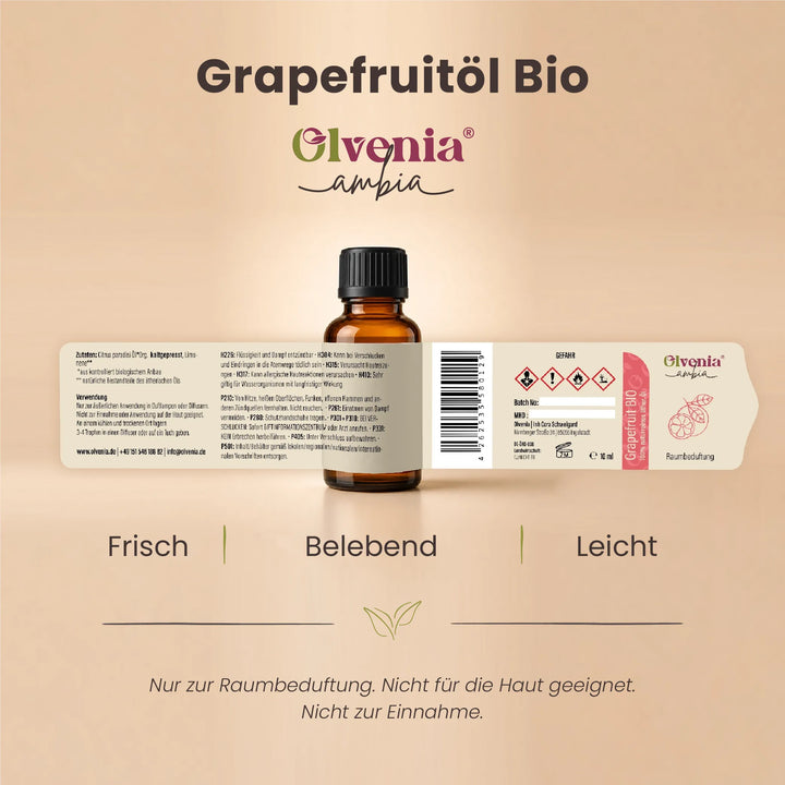 Produktkarte für Olvenia Ambia Grapefruitöl Bio mit Etikett, Flasche und Duftprofil frisch, belebend und leicht