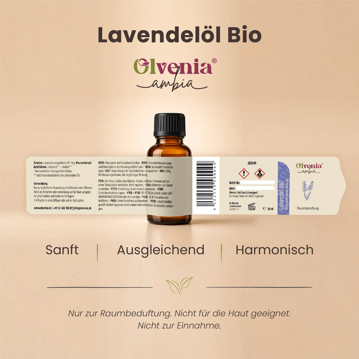 Produktkarte für Olvenia Ambia Lavendelöl Bio mit Etikett, Flasche und Duftprofil sanft, ausgleichend und harmonisch