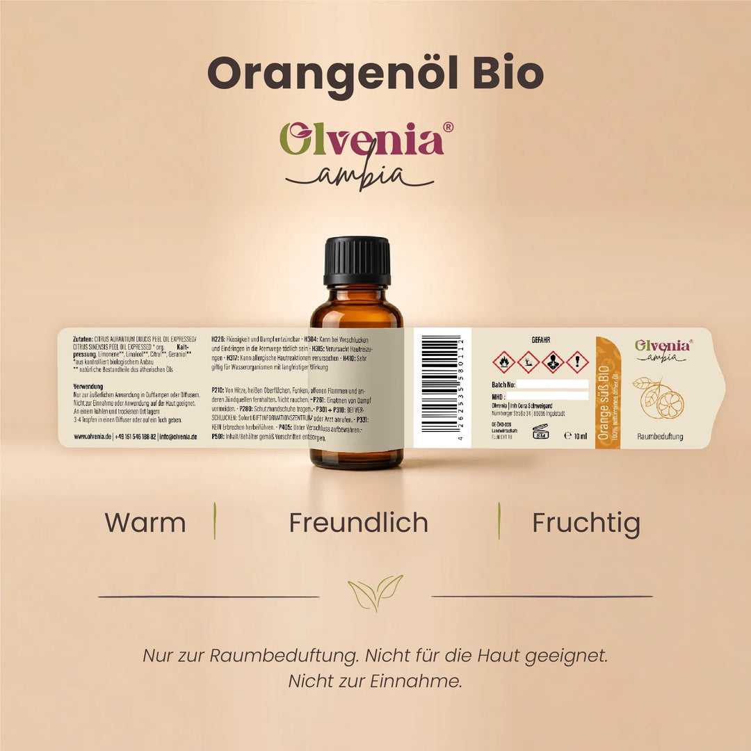 Produktkarte für Olvenia Ambia Orangenöl Bio mit Etikett, Flasche und Duftprofil warm, freundlich und fruchtig 