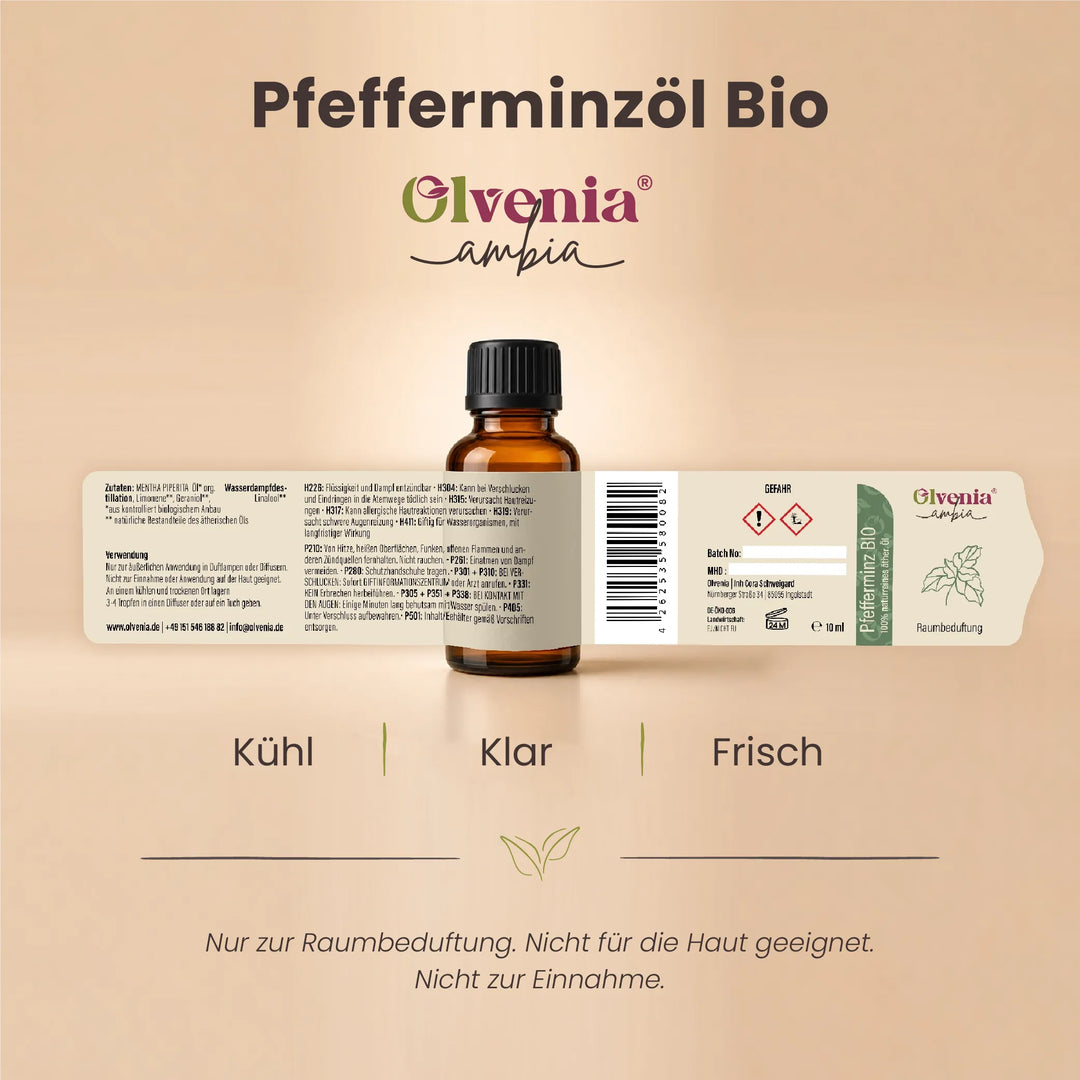 Produktkarte für Olvenia Ambia Pfefferminzöl Bio mit Etikett, Flasche und Duftprofil kühl, frisch und klar