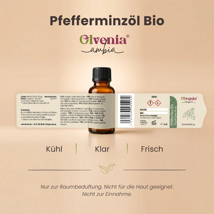 Produktkarte für Olvenia Ambia Pfefferminzöl Bio mit Etikett, Flasche und Duftprofil kühl, frisch und klar