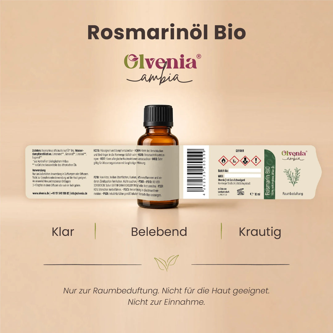 Produktkarte für Olvenia Ambia Rosmarinöl Bio mit Etikett, Flasche und Duftprofil belebend, krautig und klar
