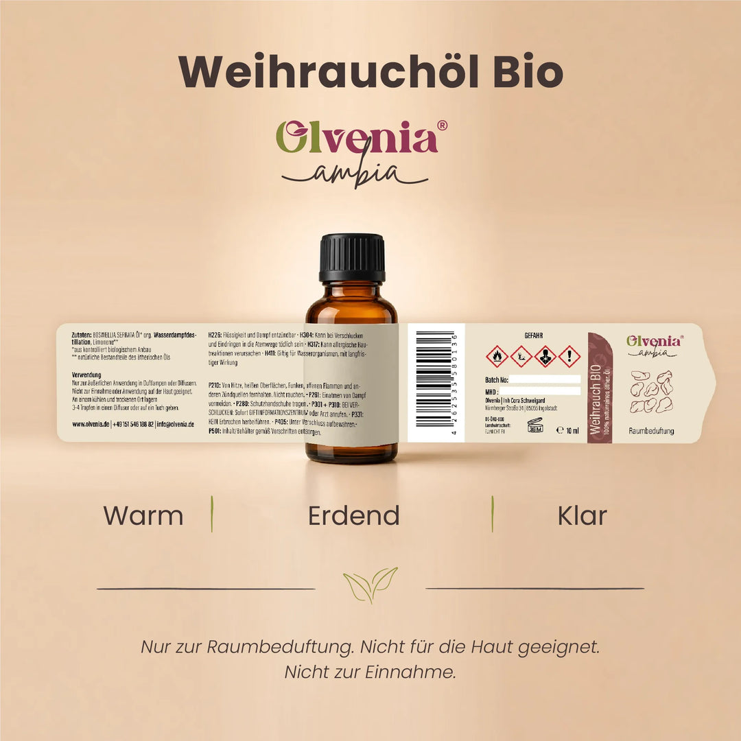 Produktkarte für Olvenia Ambia Weihrauchöl Bio mit Etikett, Flasche und Duftprofil warm, erdend und klar