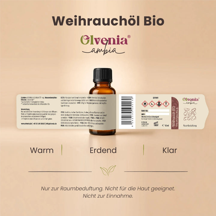 Produktkarte für Olvenia Ambia Weihrauchöl Bio mit Etikett, Flasche und Duftprofil warm, erdend und klar