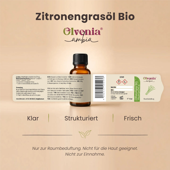 Produktkarte für Olvenia Ambia Zitronengrasöl Bio mit Etikett, Flasche und Duftprofil klar, strukturiert und frisch