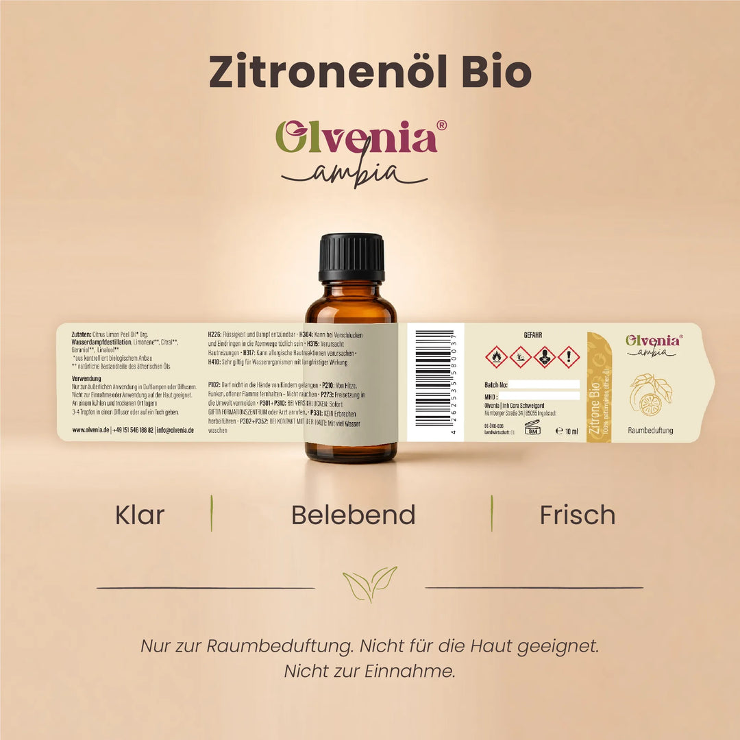 Produktkarte für Olvenia Ambia Zitronenöl Bio mit Etikett, Flasche und Duftprofil klar, belebend und frisch