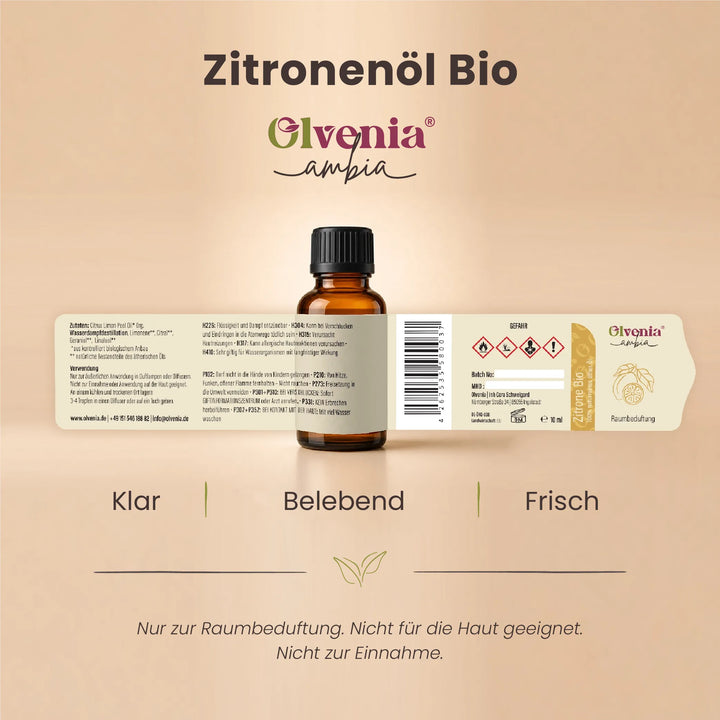 Produktkarte für Olvenia Ambia Zitronenöl Bio mit Etikett, Flasche und Duftprofil klar, belebend und frisch