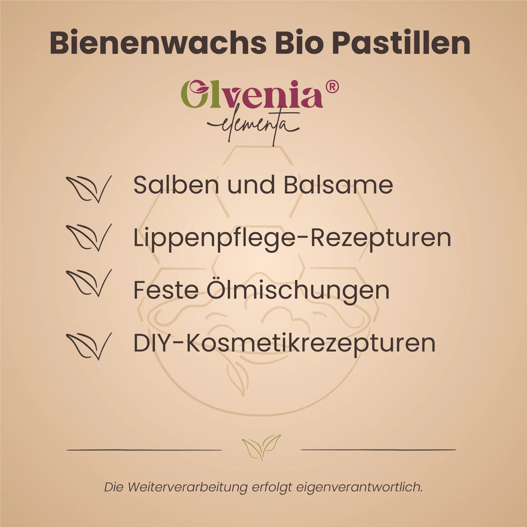 Produktkarte für Olvenia Elementa Bienenwachs Bio Pastillen mit Anwendungen für Salben, Balsame, Lippenpflege und DIY-Kosmetik