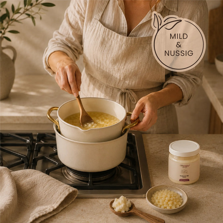 Sheabutter Bio Nilotica von Olvenia Elementa wird im Topf für DIY-Kosmetik, Salben und Pflege-Rezepturen geschmolzen