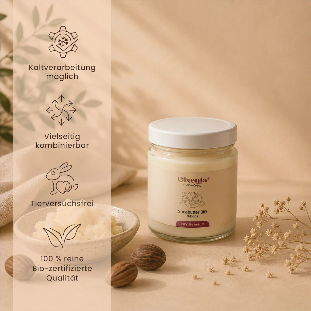 Olvenia Elementa Sheabutter Bio Nilotica mit Sheanüssen, Blüten und Hinweisen zu Kaltverarbeitung, Kombinierbarkeit und Bio-Qualität