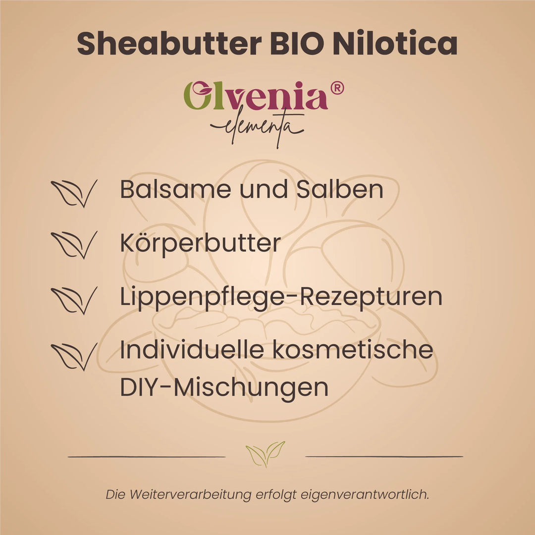 Produktkarte für Olvenia Elementa Sheabutter Bio Nilotica mit Anwendungen für Balsame, Salben, Körperbutter, Lippenpflege und DIY-Mischungen