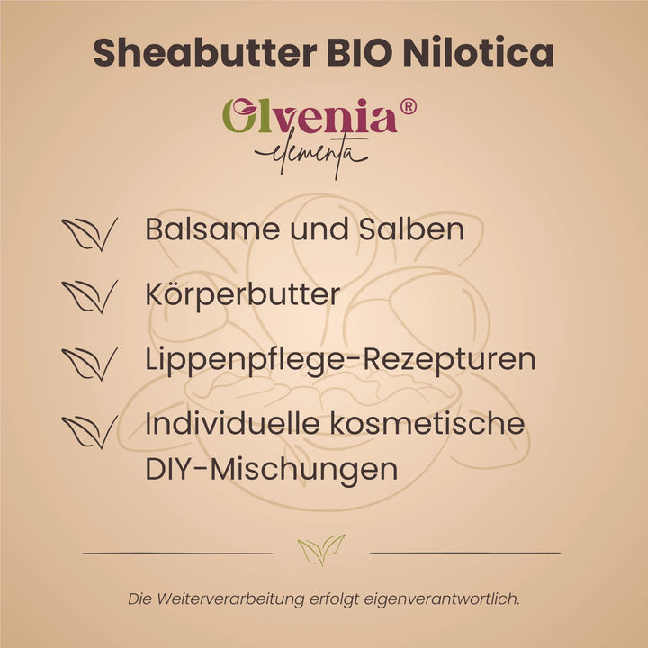 Produktkarte für Olvenia Elementa Sheabutter Bio Nilotica mit Anwendungen für Balsame, Salben, Körperbutter, Lippenpflege und DIY-Mischungen