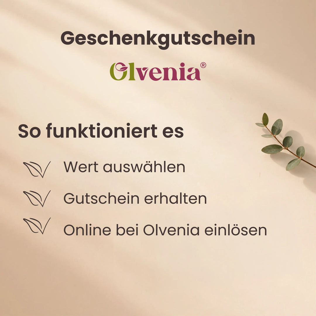 Olvenia Geschenkgutschein Anleitung mit den Schritten Wert auswählen, Gutschein erhalten und online einlösen