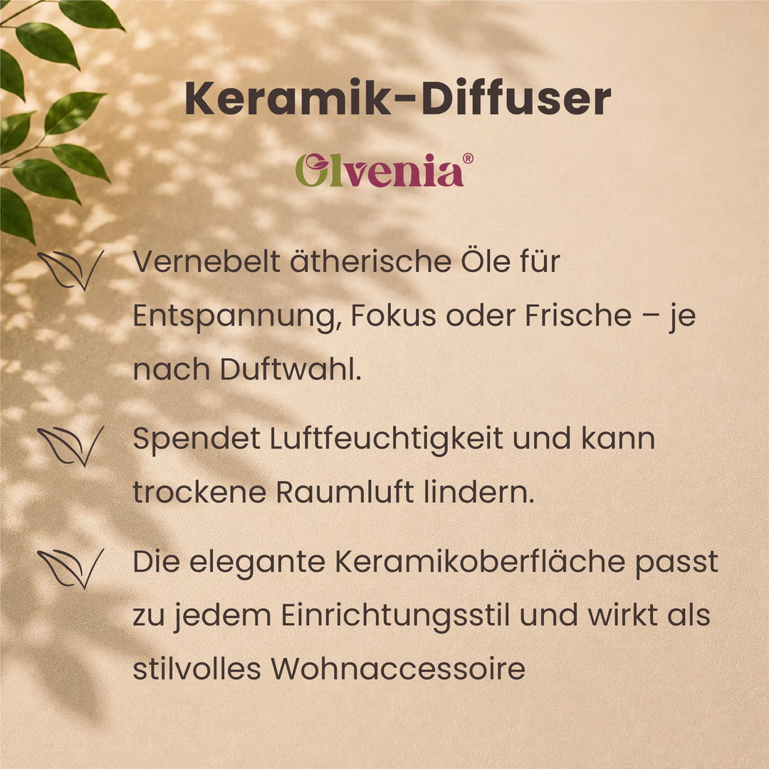 Infokarte zum Olvenia Keramik-Diffuser mit Vorteilen zur Vernebelung ätherischer Öle, Luftbefeuchtung und elegantem Wohnaccessoire