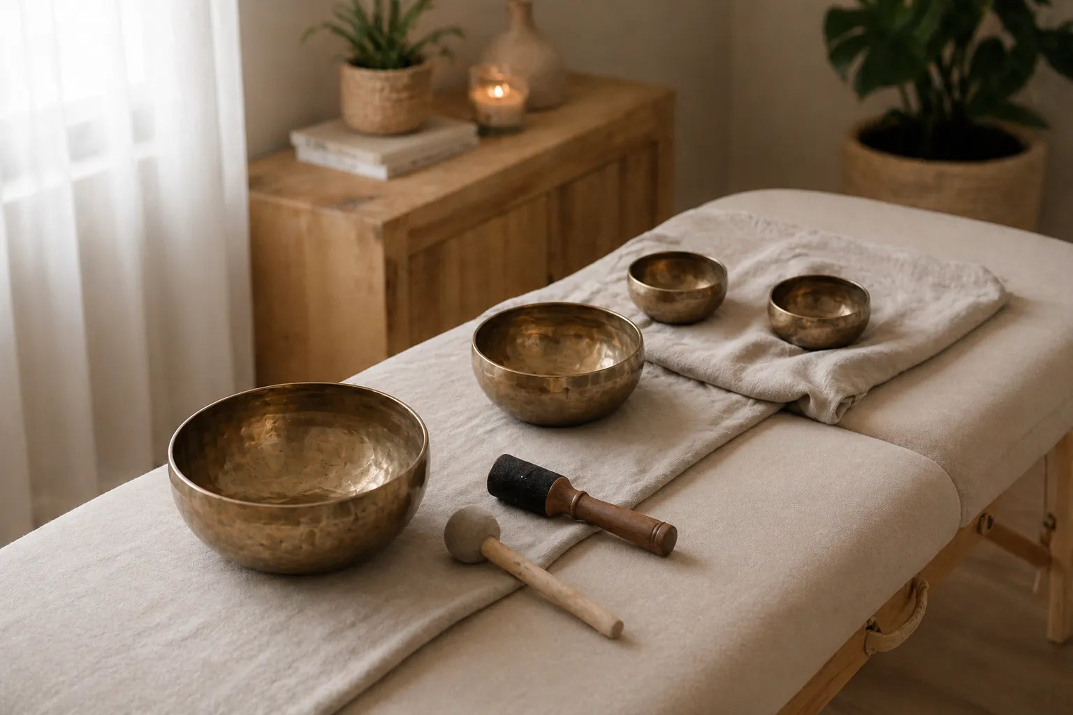 Klangschalen auf Behandlungsliege in ruhiger Spa-Umgebung