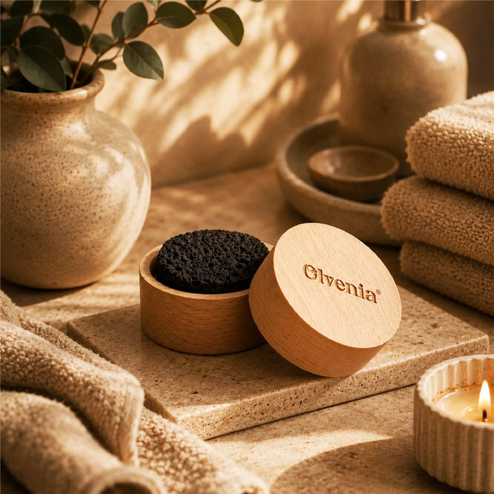 Olvenia Lava Aroma-Duftstein in Holzdose auf Steinplatte mit Handtüchern, Kerze und natürlichem Spa-Ambiente