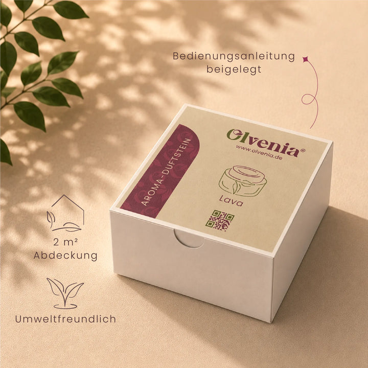 Verpackung des Olvenia Lava Aroma-Duftsteins mit Hinweis auf Bedienungsanleitung, 2 Quadratmeter Abdeckung und umweltfreundliches Design
