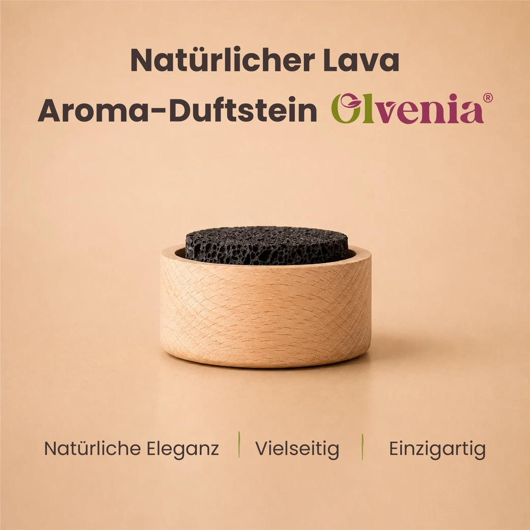 Produktbild des Olvenia natürlichen Lava Aroma-Duftsteins mit Holzdose und Eigenschaften natürlich elegant, vielseitig und einzigartig