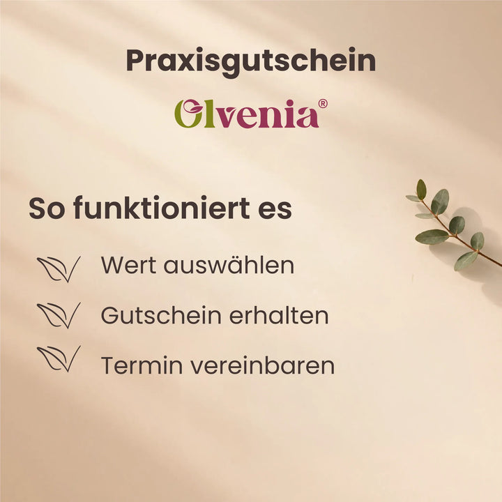 Olvenia Praxisgutschein Anleitung mit den Schritten Wert auswählen, Gutschein erhalten und Termin vereinbaren