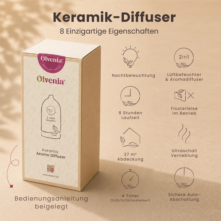 Produktkarte für den schwarzen Olvenia Keramik-Diffuser mit Verpackung und 8 Eigenschaften wie Nachtbeleuchtung, Timer und Ultraschall-Vernebelung