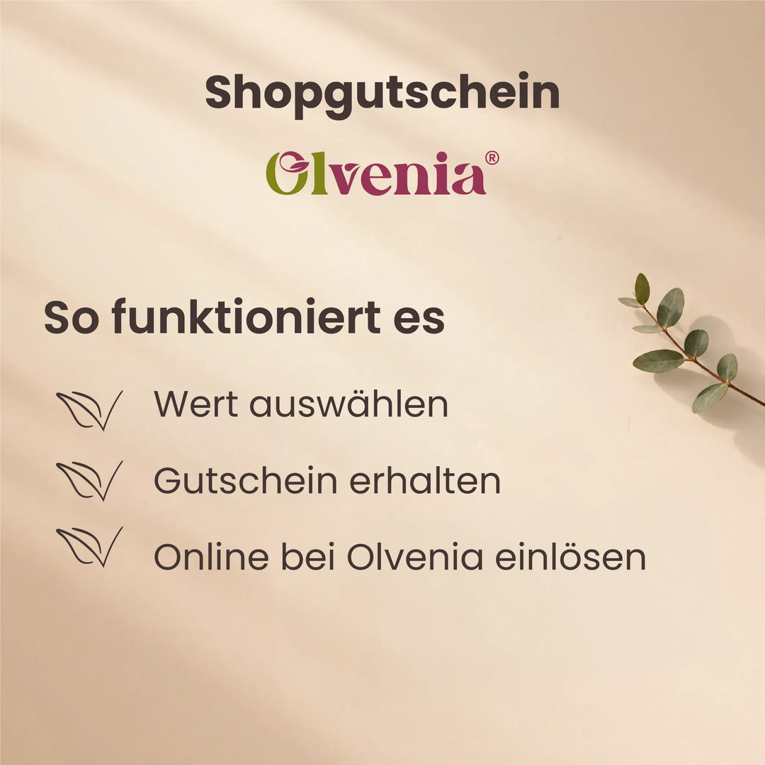 Olvenia Shopgutschein Anleitung mit den Schritten Wert auswählen, Gutschein erhalten und online einlösen