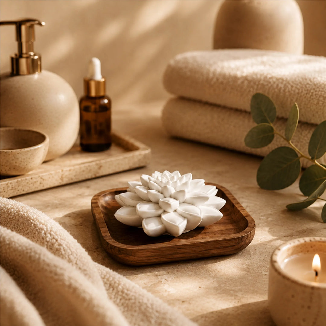 Olvenia Sukkulent Aroma-Duftstein auf Holztablett in warmem Spa-Ambiente mit Handtüchern, Kerze und Eukalyptus
