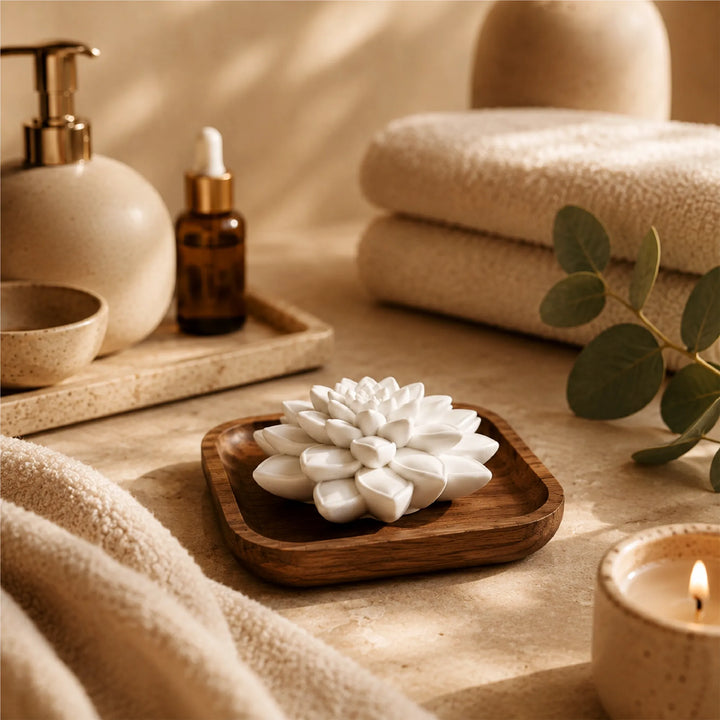 Olvenia Sukkulent Aroma-Duftstein auf Holztablett in warmem Spa-Ambiente mit Handtüchern, Kerze und Eukalyptus